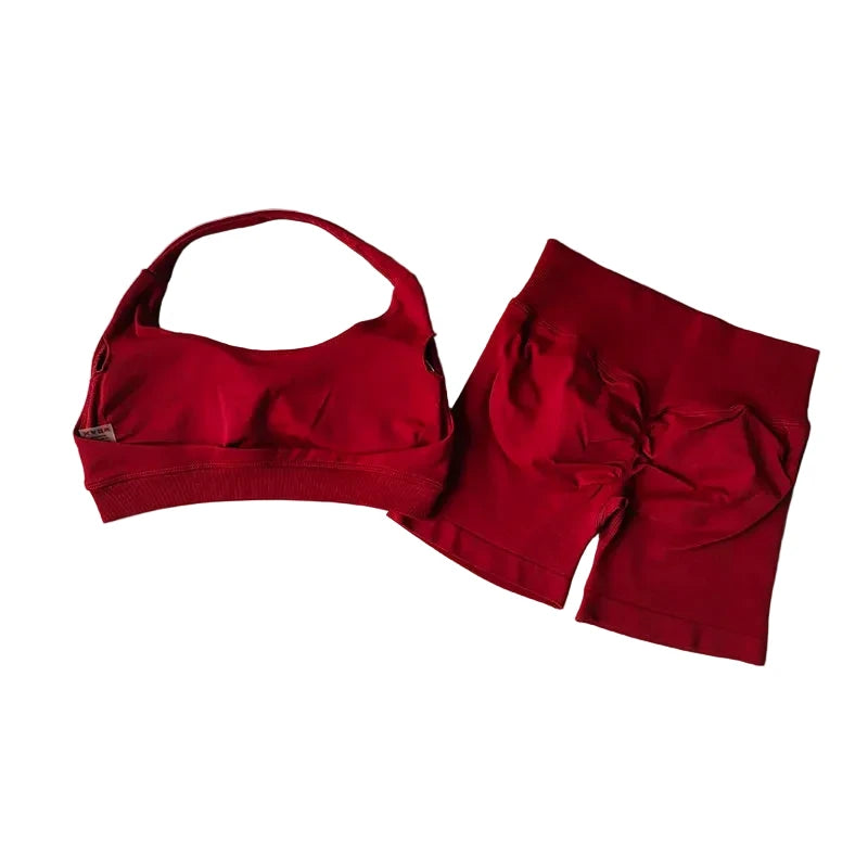 SculptForHer Halter Neck Sports Bra & High Waist Scrunch Shorts Gym Set | Seamless Yoga & Pilates Activewear for Women
