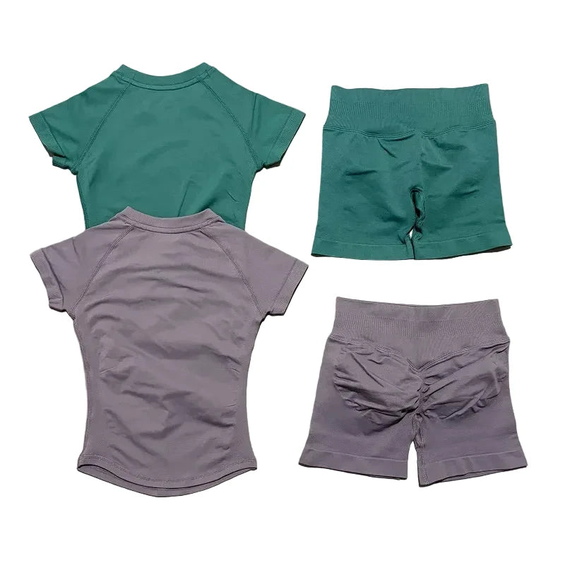 Sculpta™ 2 Piece Seamless Gym Set | Women’s Short Sleeve Crop Top & High Waist Sports Shorts Activewear
