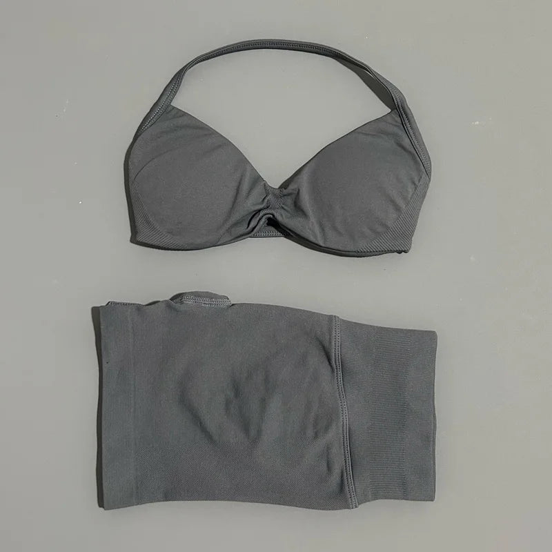 SculptForHer Women’s 2 Piece Scrunch Gym Set | High-Waisted Shorts & Strappy Sports Bra | Seamless Workout Outfit