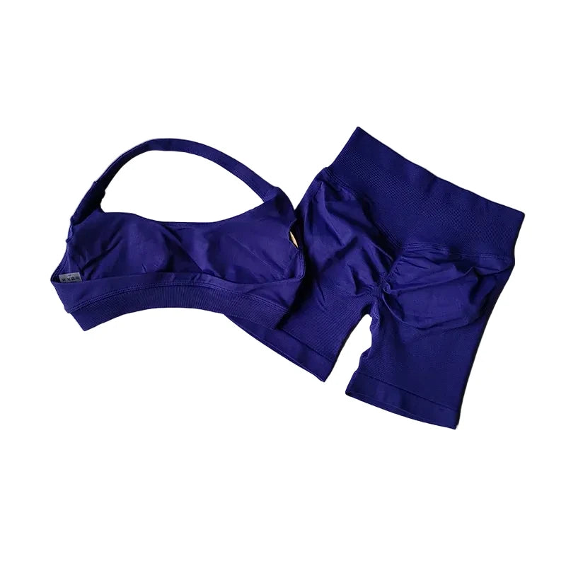 SculptForHer Halter Neck Sports Bra & High Waist Scrunch Shorts Gym Set | Seamless Yoga & Pilates Activewear for Women