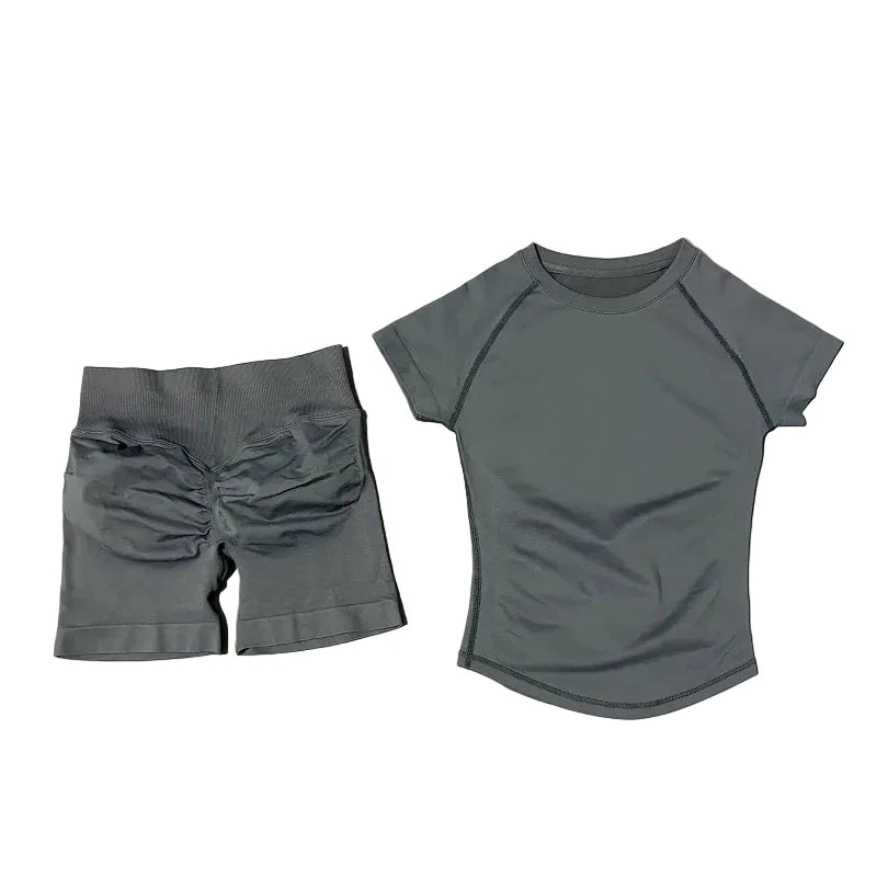 Sculpta™ 2 Piece Seamless Gym Set | Women’s Short Sleeve Crop Top & High Waist Sports Shorts Activewear