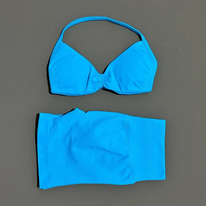 SculptForHer Women’s 2 Piece Scrunch Gym Set | High-Waisted Shorts & Strappy Sports Bra | Seamless Workout Outfit