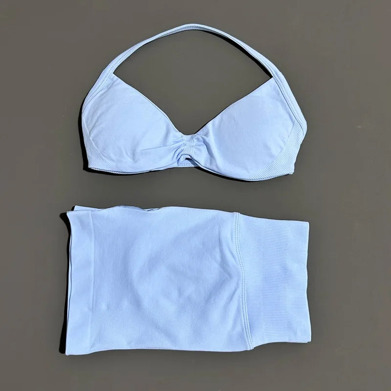 SculptForHer Women’s 2 Piece Scrunch Gym Set | High-Waisted Shorts & Strappy Sports Bra | Seamless Workout Outfit