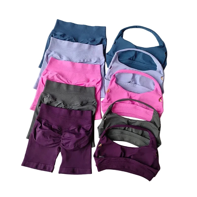 SculptForHer Halter Neck Sports Bra & High Waist Scrunch Shorts Gym Set | Seamless Yoga & Pilates Activewear for Women