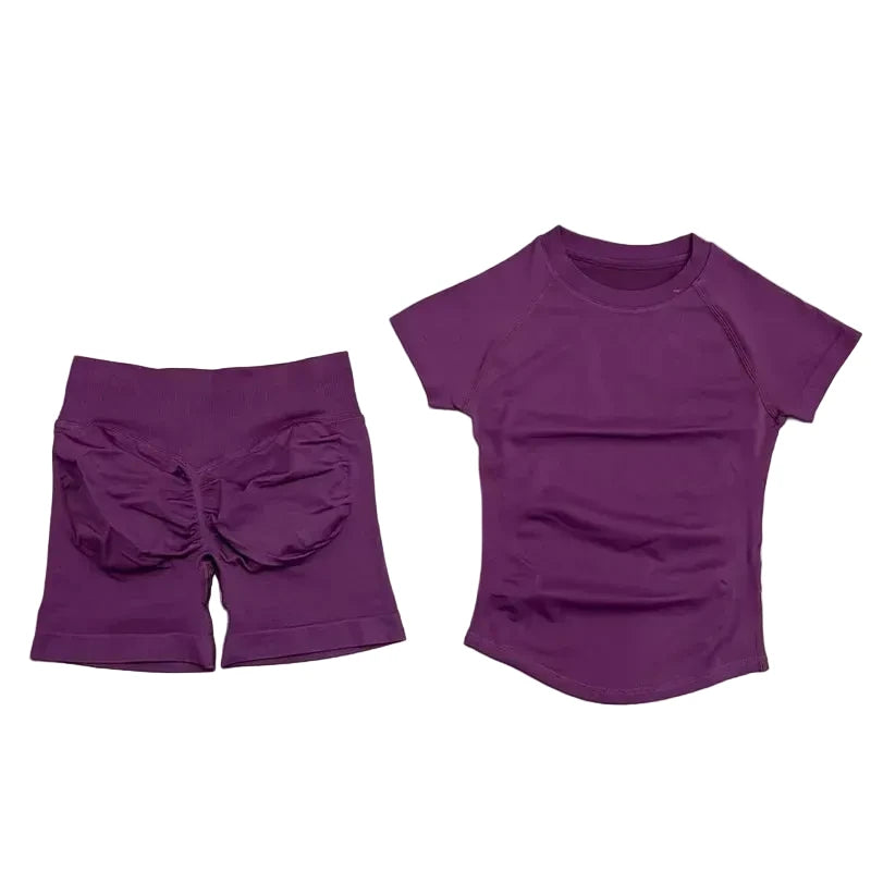 Sculpta™ 2 Piece Seamless Gym Set | Women’s Short Sleeve Crop Top & High Waist Sports Shorts Activewear