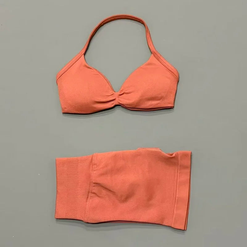 SculptForHer Women’s 2 Piece Scrunch Gym Set | High-Waisted Shorts & Strappy Sports Bra | Seamless Workout Outfit