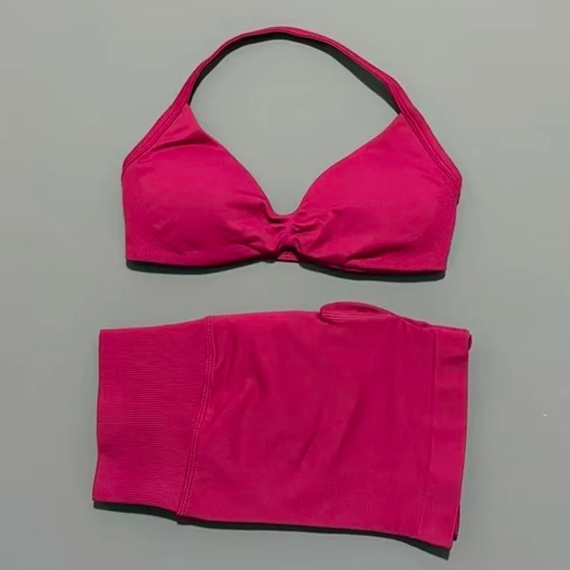SculptForHer Women’s 2 Piece Scrunch Gym Set | High-Waisted Shorts & Strappy Sports Bra | Seamless Workout Outfit