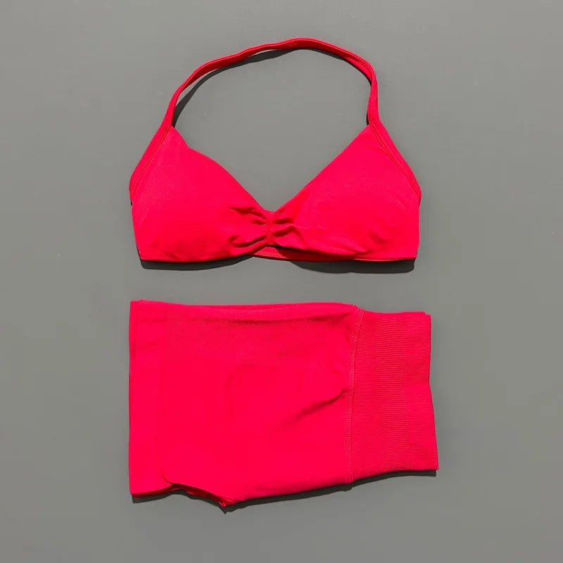 SculptForHer Women’s 2 Piece Scrunch Gym Set | High-Waisted Shorts & Strappy Sports Bra | Seamless Workout Outfit